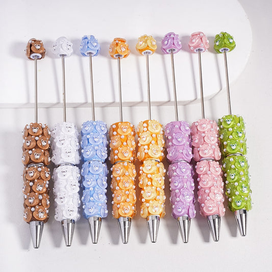 Beadable Clay Pen with Various Colors Cute Bear Face and White Pearls, Semi-Clear Color