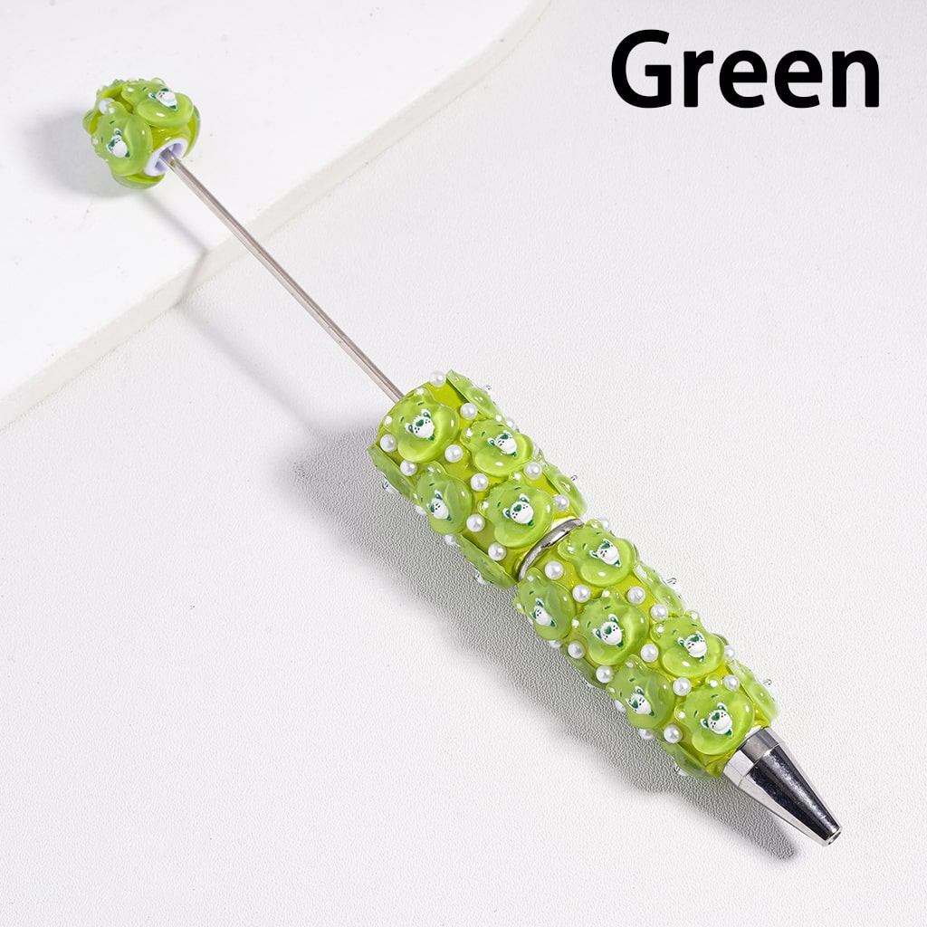 Beadable Clay Pen with Various Colors Cute Bear Face and White Pearls, Semi-Clear Color