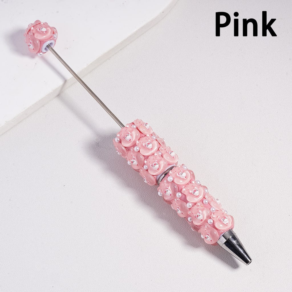 Beadable Clay Pen with Various Colors Cute Bear Face and White Pearls, Semi-Clear Color