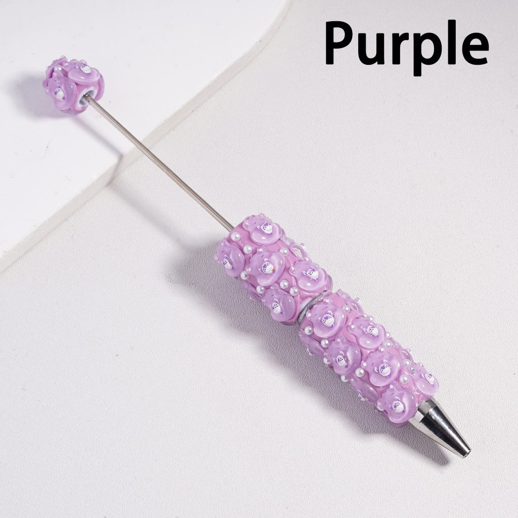 Beadable Clay Pen with Various Colors Cute Bear Face and White Pearls, Semi-Clear Color