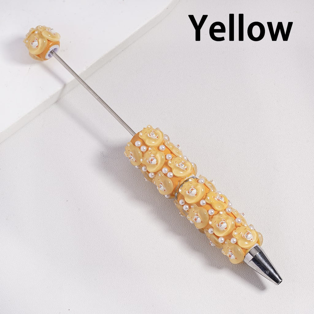 Beadable Clay Pen with Various Colors Cute Bear Face and White Pearls, Semi-Clear Color