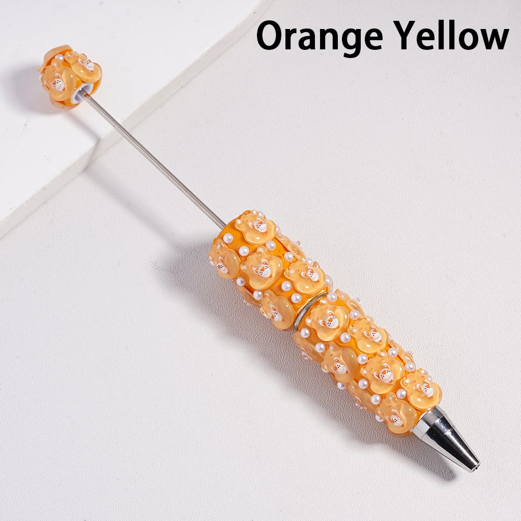 Beadable Clay Pen with Various Colors Cute Bear Face and White Pearls, Semi-Clear Color