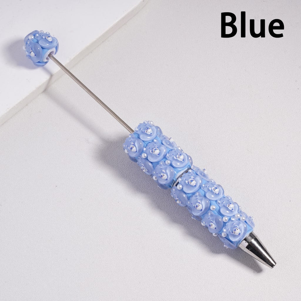 Beadable Clay Pen with Various Colors Cute Bear Face and White Pearls, Semi-Clear Color