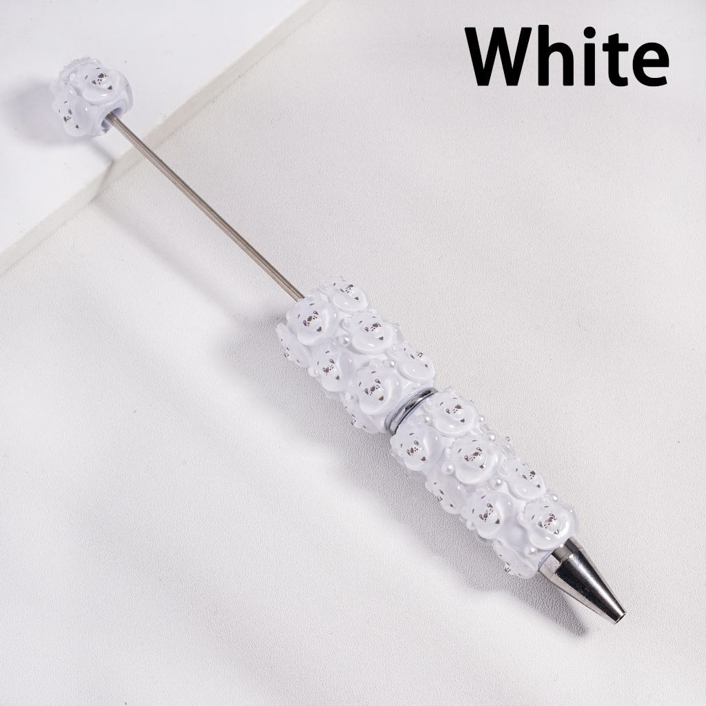 Beadable Clay Pen with Various Colors Cute Bear Face and White Pearls, Semi-Clear Color