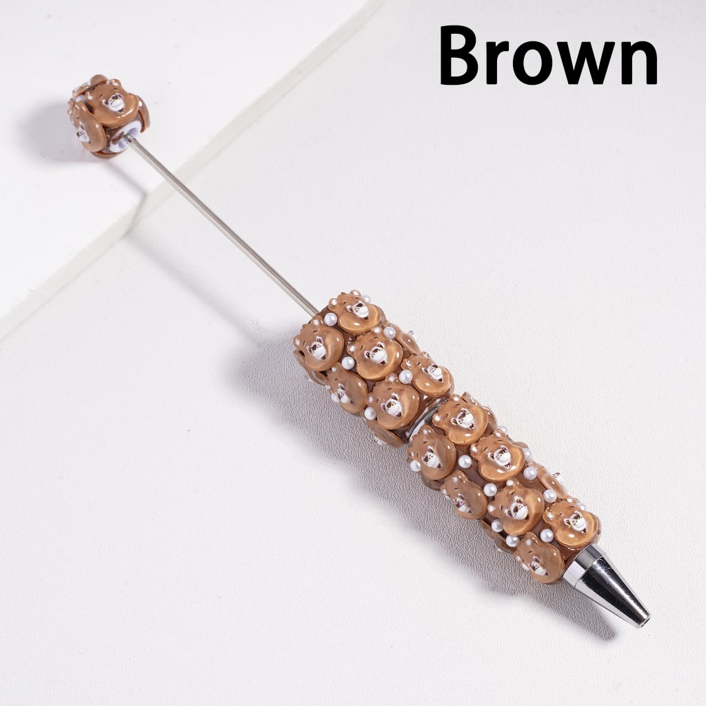 Beadable Clay Pen with Various Colors Cute Bear Face and White Pearls, Semi-Clear Color