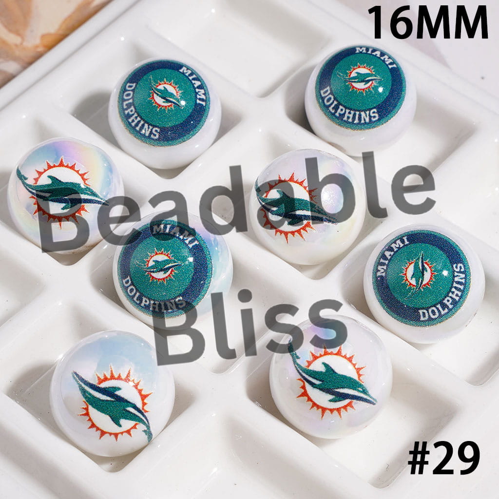 UV Coated USA American Football Teams Round Acrylic Beads, 16MM