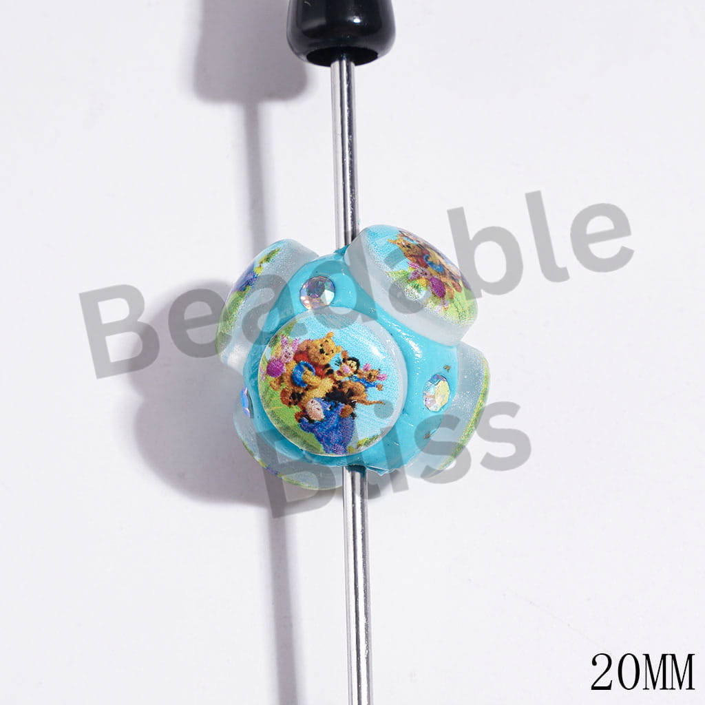 20MM Clay Beads with Honey Bear Characters Series and AB Rhinestones, Turquoise Background