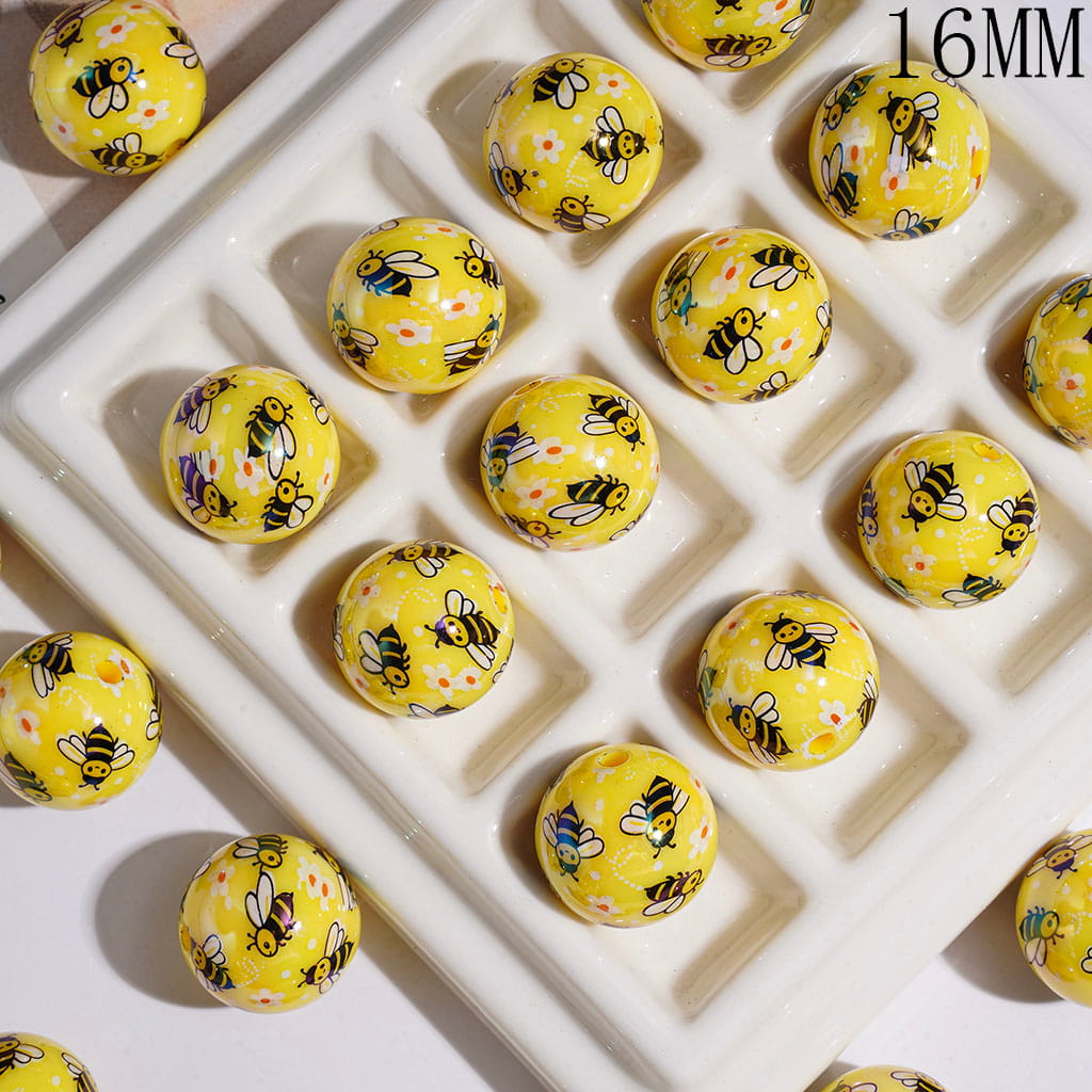 16MM | UV-Coated Acrylic Beads for Bracelets or Necklace, Cute Honey Bees and Flowers Pattern, Yellow Background