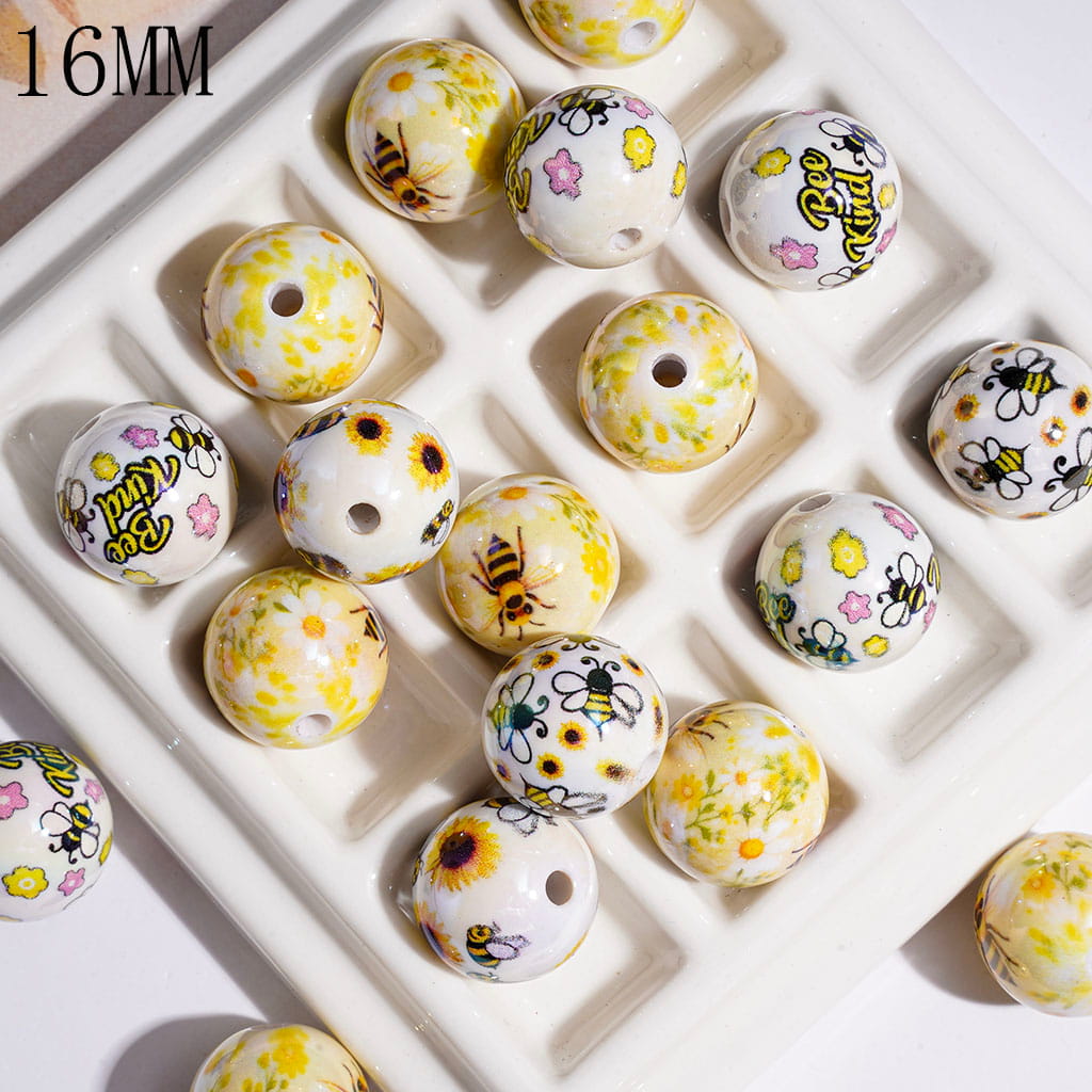 Cute Honey Bees and Flowers Theme Prints, UV Finish Acrylic Beads for Bracelets & Necklace, 16MM, Assorted Style