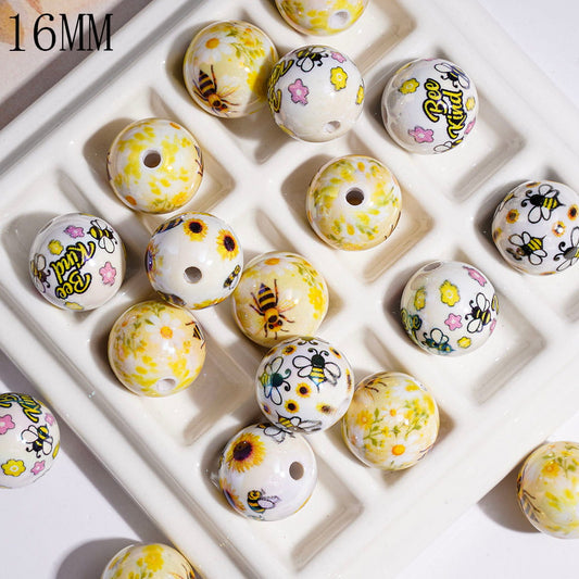 Cute Honey Bees and Flowers Theme Prints, UV Finish Acrylic Beads for Bracelets & Necklace, 16MM, Assorted Style