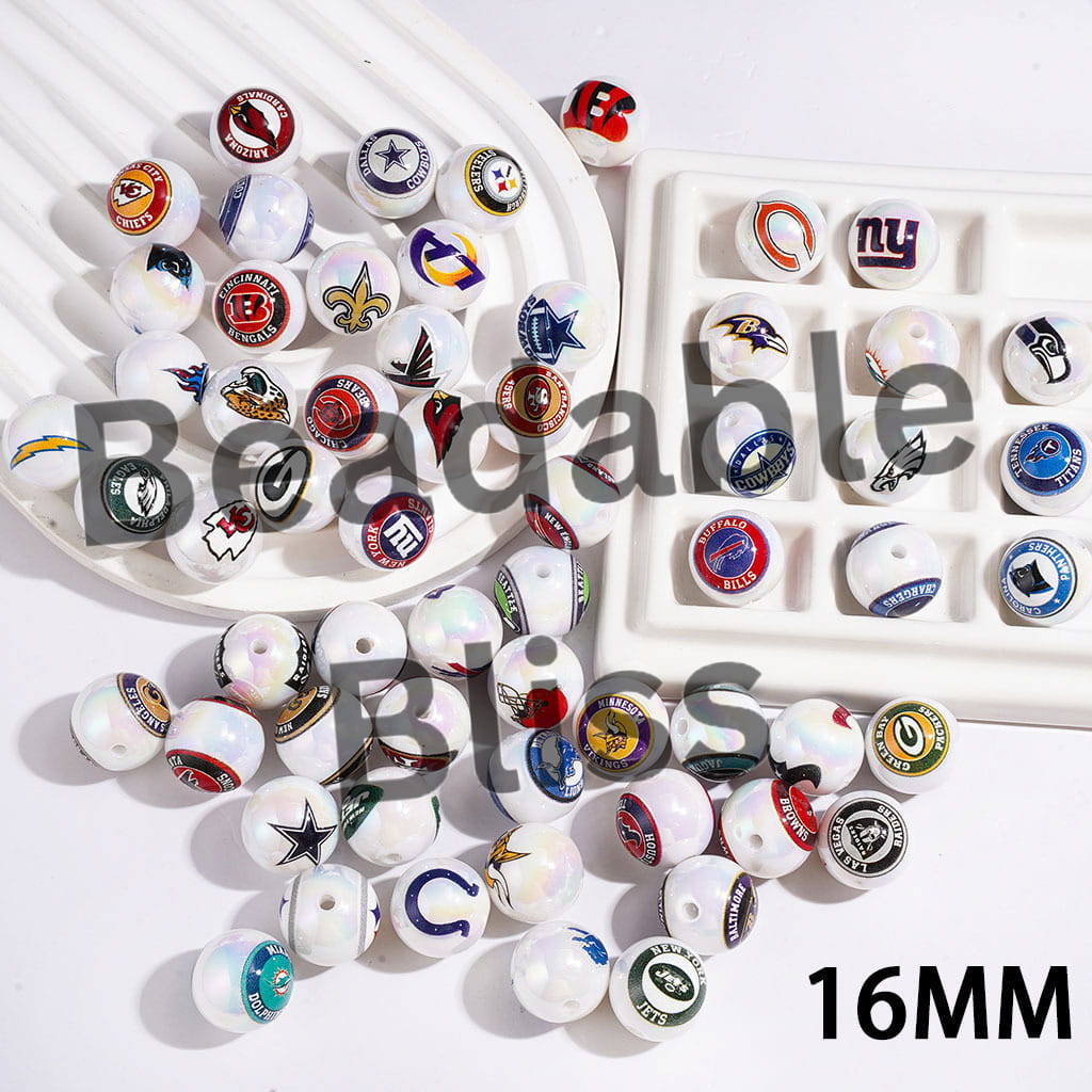 UV Coated USA American Football Teams Round Acrylic Beads, 16MM