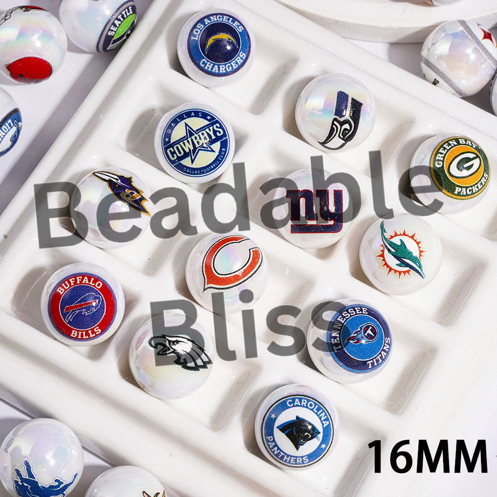 UV Coated USA American Football Teams Round Acrylic Beads, 16MM