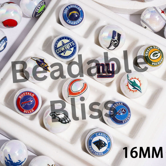 UV Coated USA American Football Teams Round Acrylic Beads, 16MM