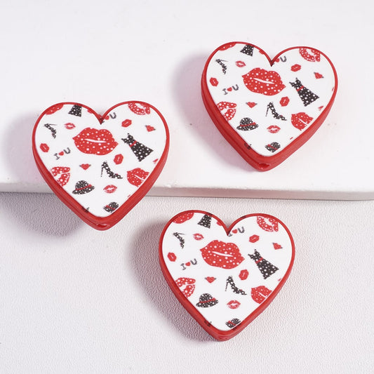 Silicone Focal Beads in Valentine's Day Theme, with Red Lip Prints Skirt Black High-Heeled Shoes, Heart Shape