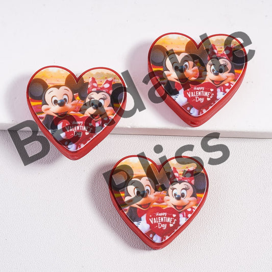 Silicone Focal Beads Boy and Girl Mouse Character Holding Red Heart with Text "Happy Valentine's Day", Heart Shape