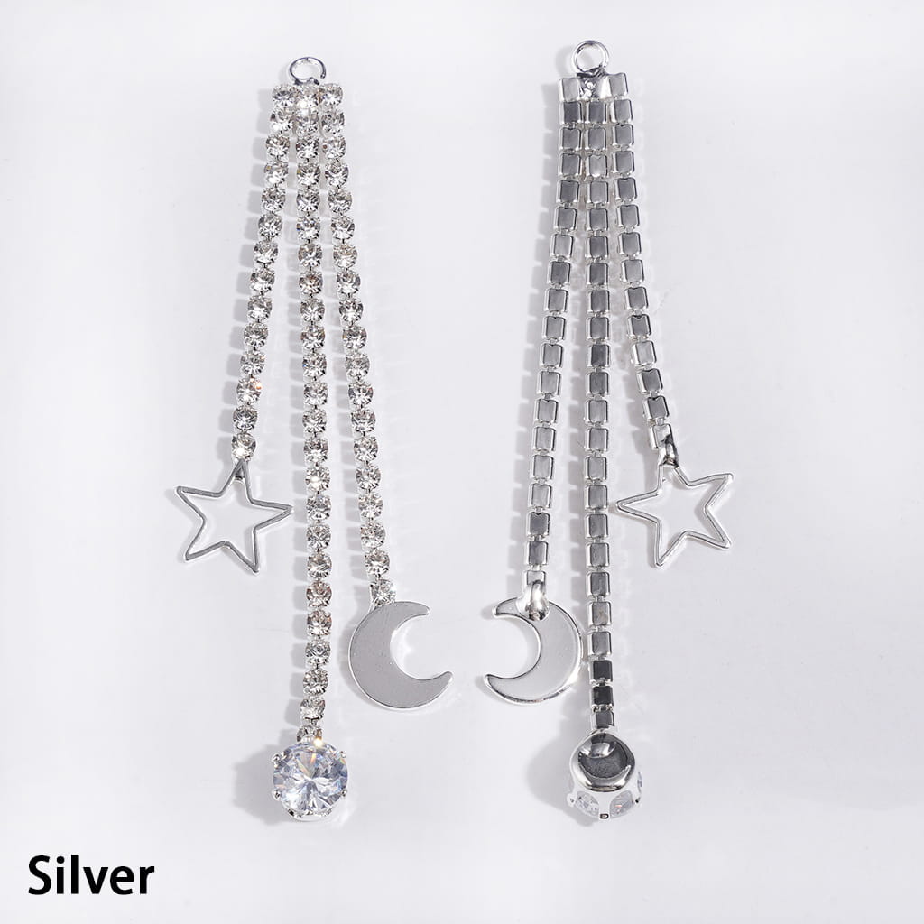 Metal Alloy Bail Loop Beads, Charm Pendants with Star & Crescent, Clear Rhinestones Tassel Chains, Length 68MM, Silver and Gold