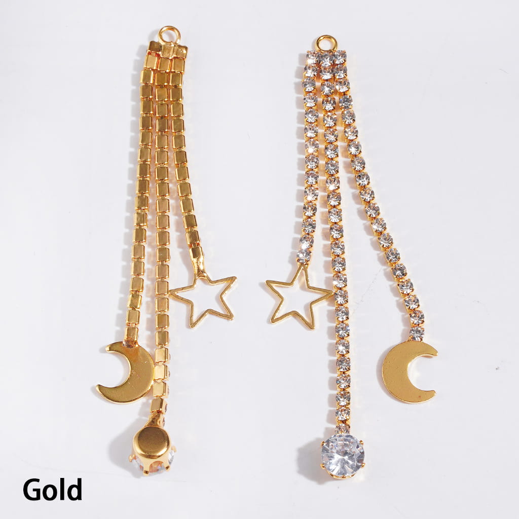Metal Alloy Bail Loop Beads, Charm Pendants with Star & Crescent, Clear Rhinestones Tassel Chains, Length 68MM, Silver and Gold