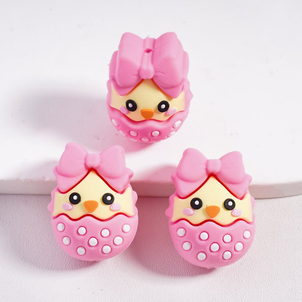 Silicone Focal Beads 3D Hatched Chick with Bowtie and Polka Dots, Pink and Yellow