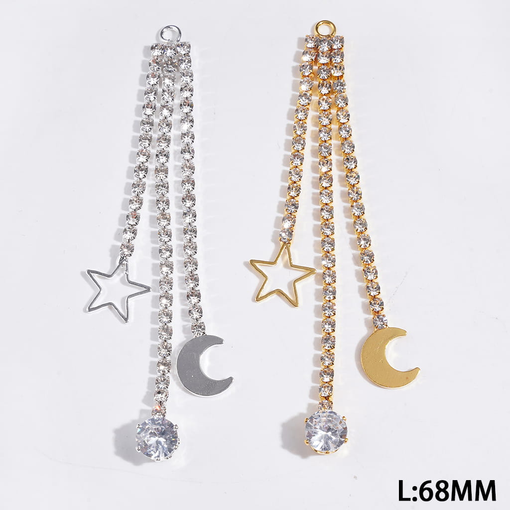 Metal Alloy Bail Loop Beads, Charm Pendants with Star & Crescent, Clear Rhinestones Tassel Chains, Length 68MM, Silver and Gold
