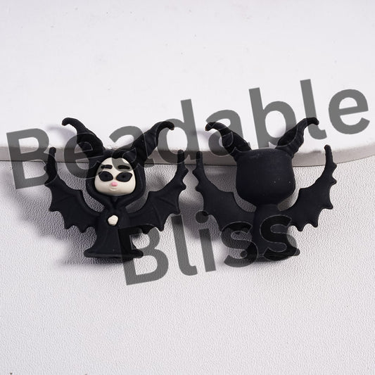 Silicone Focal Beads 3D Witch Character with Horns and Bat Wings, Halloween Style