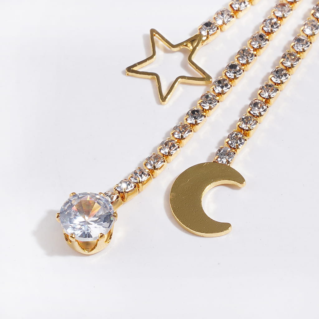 Metal Alloy Bail Loop Beads, Charm Pendants with Star & Crescent, Clear Rhinestones Tassel Chains, Length 68MM, Silver and Gold