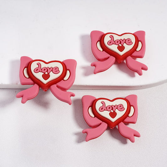 Silicone Focal Beads 3D Text Love on Heart and Pink Bowtie Valentine's Day