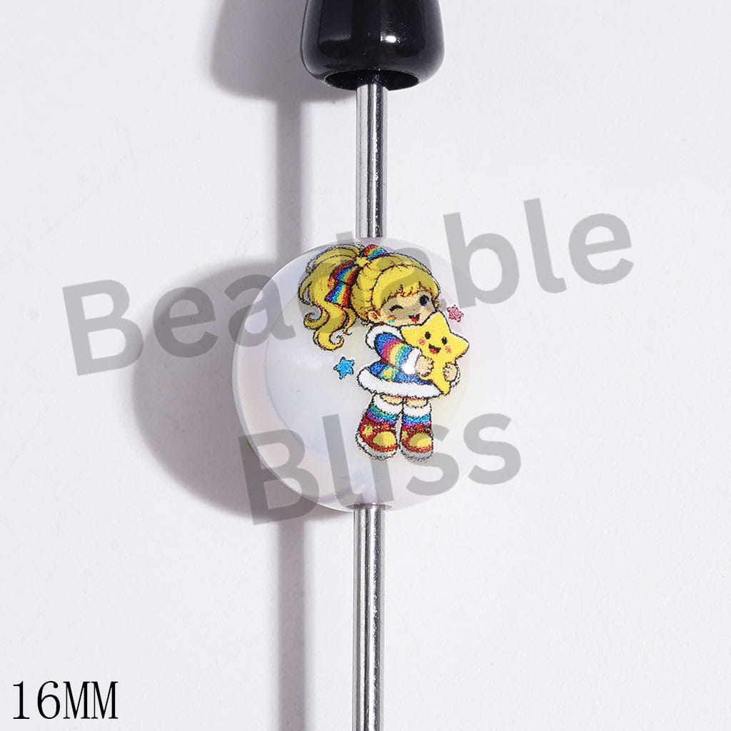 UV Coating Rainbow Girl Prints Acrylic Beads for DIY Bracelets, 16MM, Random Mix