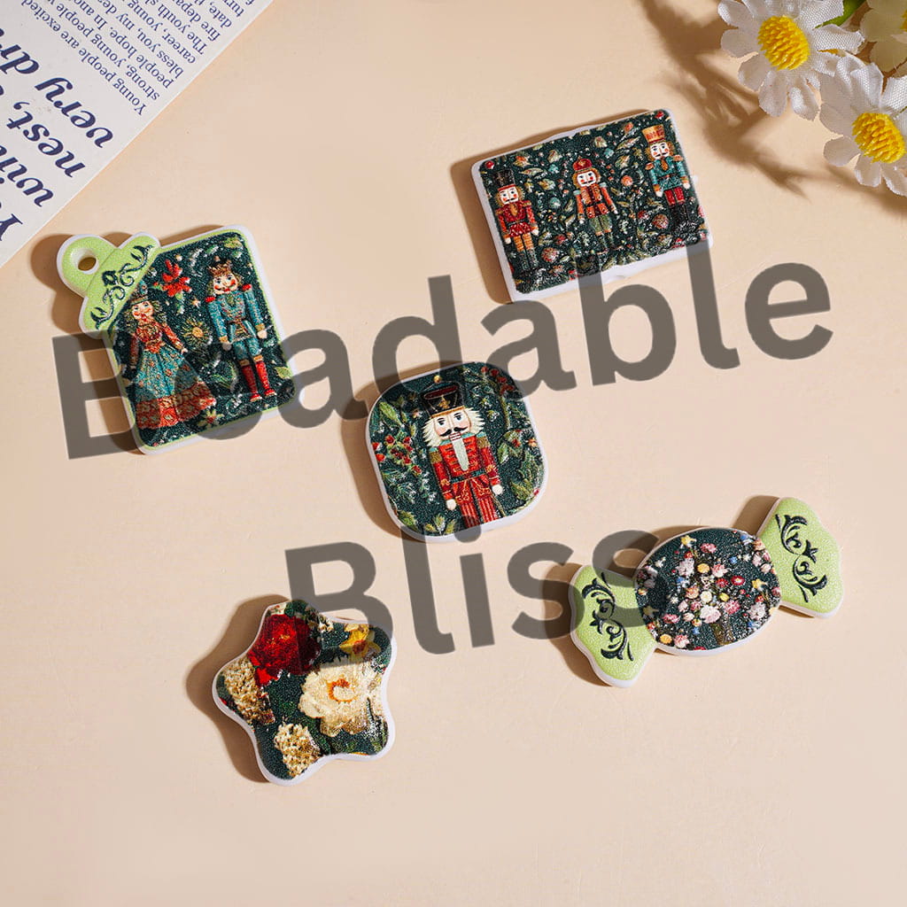 Wooden Nutcracker Solider Toys Print Acrylic Beads and Pendants, Green Series, Random Mix