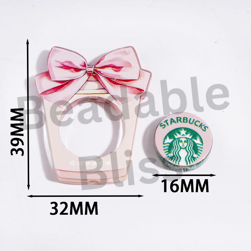 Coffee Hollowed Cup with Bowtie and Flat Round Piece Acrylic Beads, Semi-Clear (Please Read the Description)
