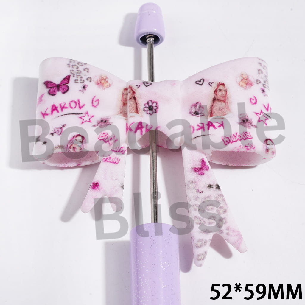 UV Printed Silicone Focal Beads Bowtie with American Singer & Butterfly & Flower & Star & Heart & Leopard & Elf Patterns, 52*59MM