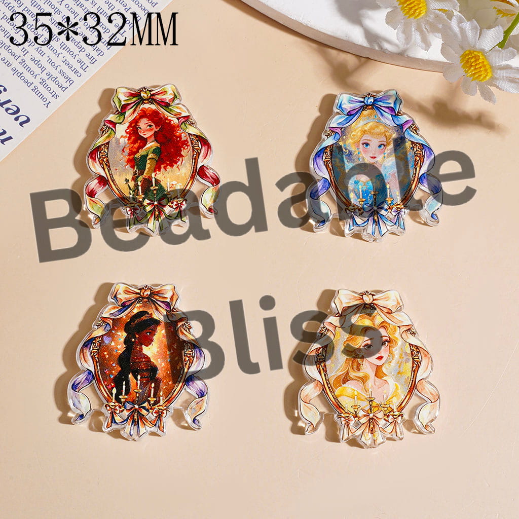 Acrylic Beads Mirror Shape with Bowtie Candle Pretty Princess Character Series, 35*32MM, Random Mix