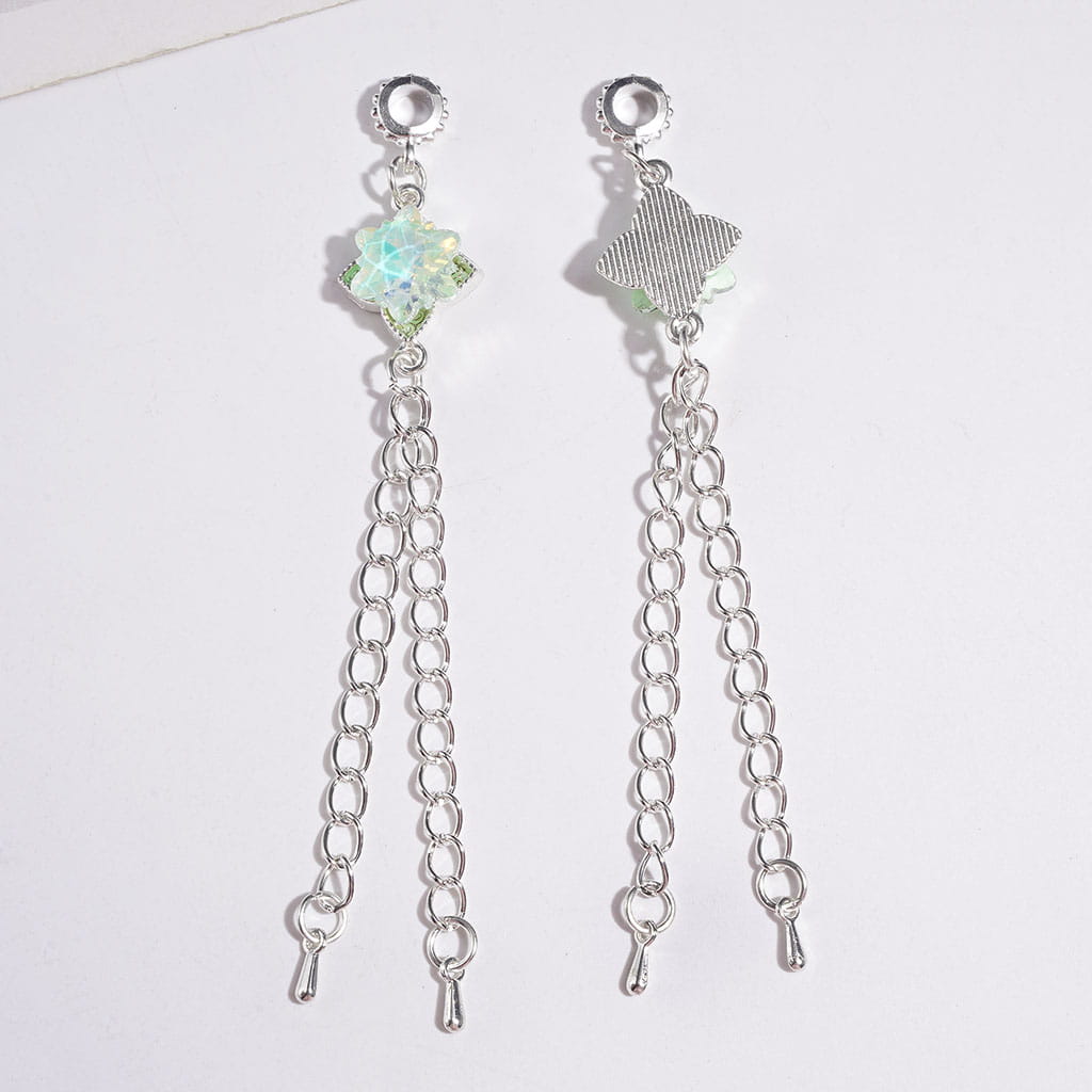 Alloy Bail Loop Beads with Charm Pendants Shiny Snowflake Crystal, Four Leaf Clover Design with Metal Tassel Chains, Length 95MM, Multi-Color, for Earring Jewelry Accessories