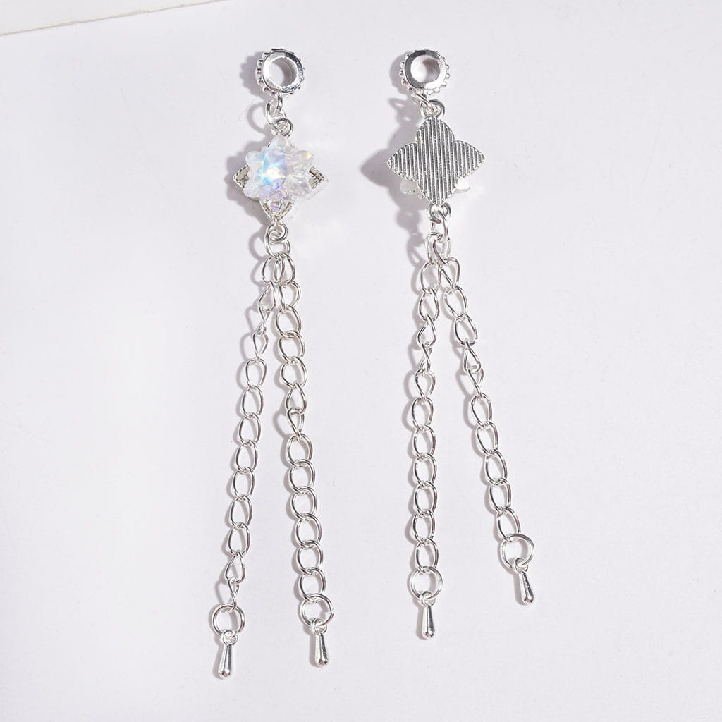 Alloy Bail Loop Beads with Charm Pendants Shiny Snowflake Crystal, Four Leaf Clover Design with Metal Tassel Chains, Length 95MM, Multi-Color, for Earring Jewelry Accessories