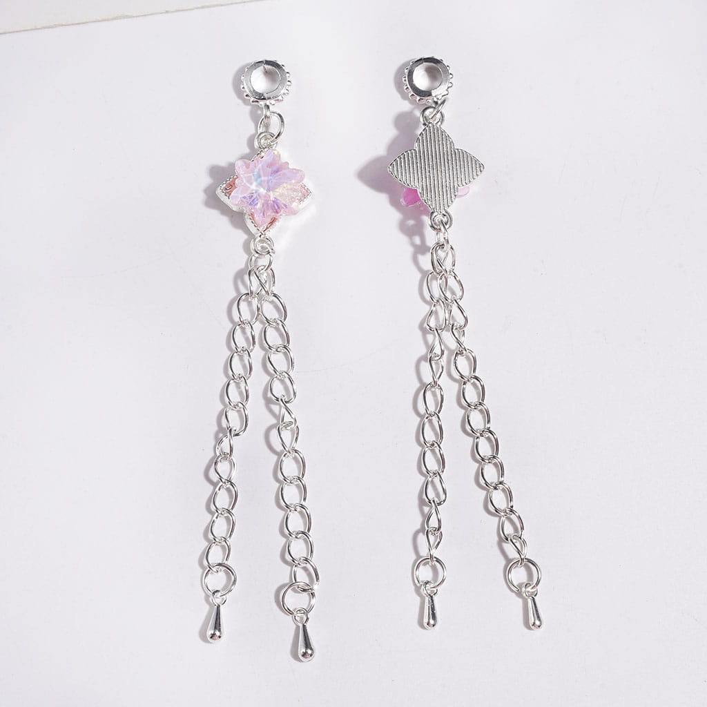 Alloy Bail Loop Beads with Charm Pendants Shiny Snowflake Crystal, Four Leaf Clover Design with Metal Tassel Chains, Length 95MM, Multi-Color, for Earring Jewelry Accessories