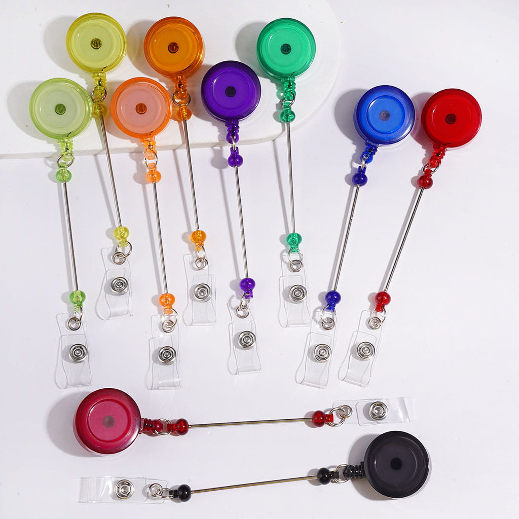 DIY Creative Beaded Retractable Back Badge Holder Reels with Rotating Crocodile Clip & Keychain Bar, Transparent Clear, Multicolor