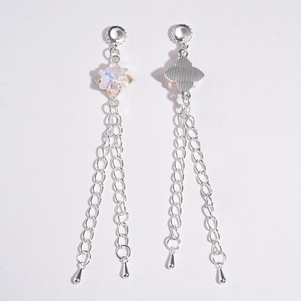 Alloy Bail Loop Beads with Charm Pendants Shiny Snowflake Crystal, Four Leaf Clover Design with Metal Tassel Chains, Length 95MM, Multi-Color, for Earring Jewelry Accessories