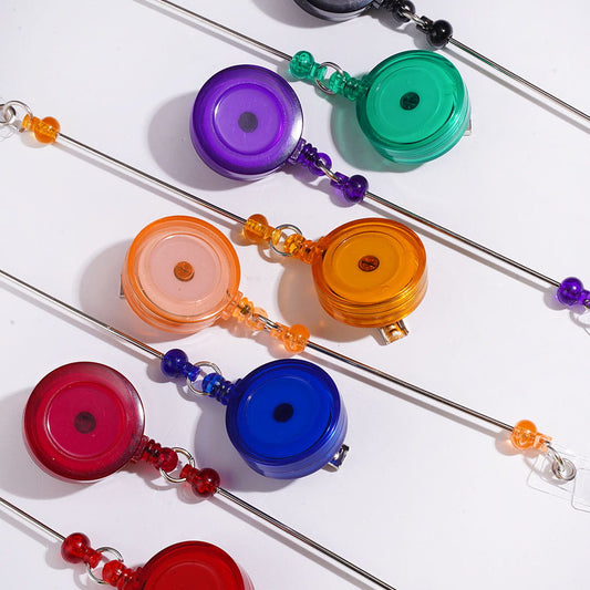 DIY Creative Beaded Retractable Back Badge Holder Reels with Rotating Crocodile Clip & Keychain Bar, Transparent Clear, Multicolor