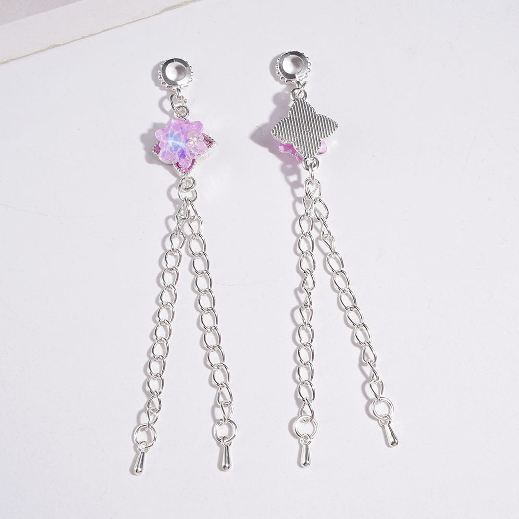Alloy Bail Loop Beads with Charm Pendants Shiny Snowflake Crystal, Four Leaf Clover Design with Metal Tassel Chains, Length 95MM, Multi-Color, for Earring Jewelry Accessories