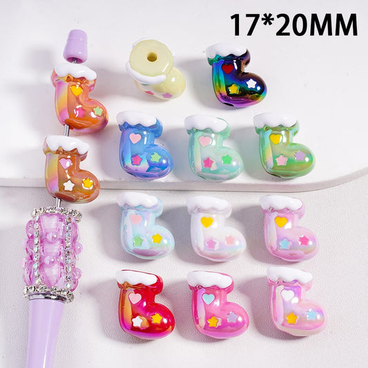 Acrylic Beads UV Coating Christmas Stocking with Heart, 17*20MM, Multi-Color, Random Mix