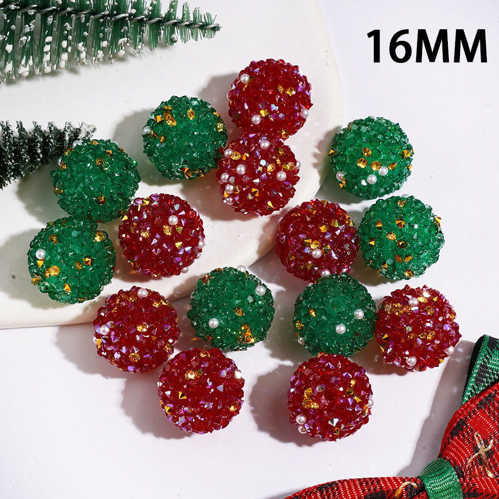 Handmade Sugar Beads Christmas Series Cone Shape Rhinestones White Pearls, Red & Green, 16MM