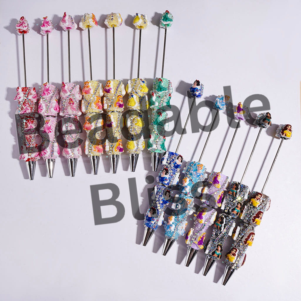 Beadable Sugar Pens with Classic Animation Pretty Princess Character & Cone Shaped Clear Rhinestones, AB Rhinestone Chains