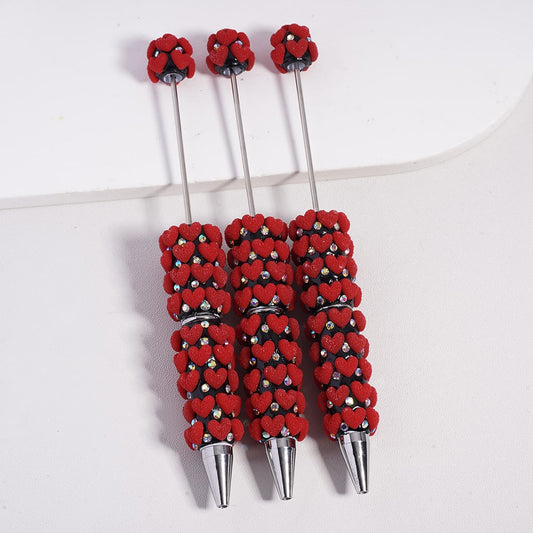 Beadable Clay Pen with Grainy Red Hearts & AB Rhinestones Valentine's Day Love Theme