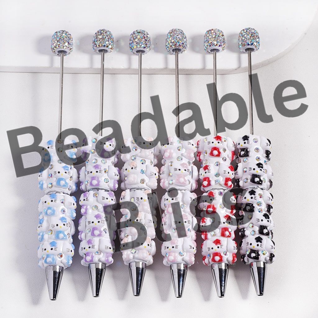 Beadable Clay Pen with Cute Cat Character and AB Rhinestones, Multi-Color