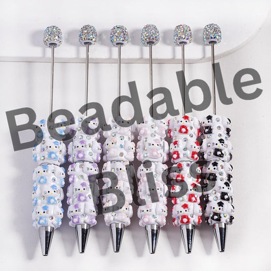 Beadable Clay Pen with Cute Cat Character and AB Rhinestones, Multi-Color