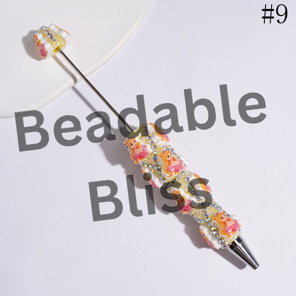 Beadable Sugar Pens with Classic Animation Pretty Princess Character & Cone Shaped Clear Rhinestones, AB Rhinestone Chains