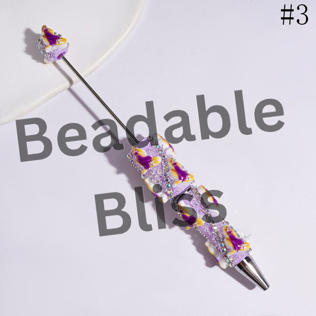 Beadable Sugar Pens with Classic Animation Pretty Princess Character & Cone Shaped Clear Rhinestones, AB Rhinestone Chains