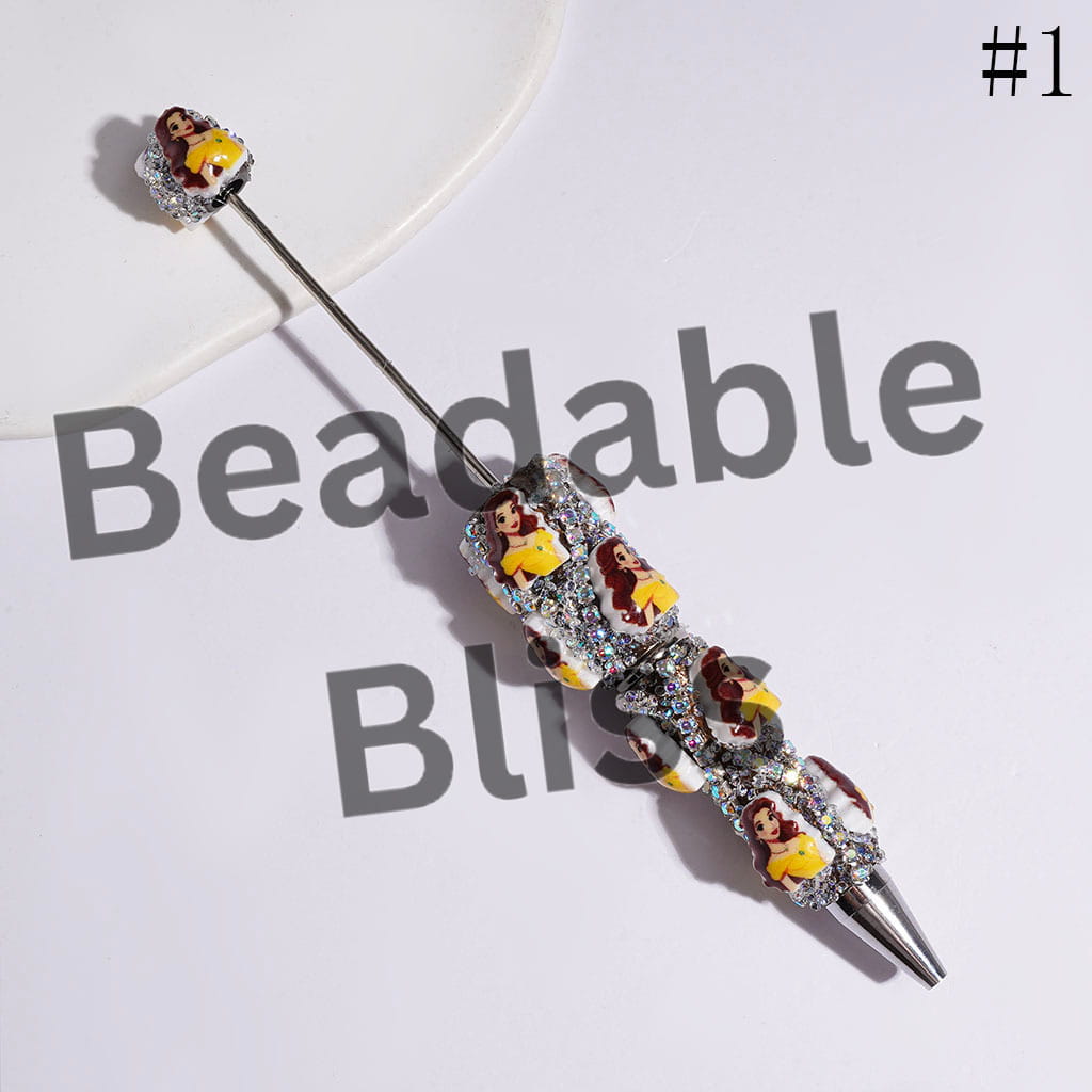Beadable Sugar Pens with Classic Animation Pretty Princess Character & Cone Shaped Clear Rhinestones, AB Rhinestone Chains