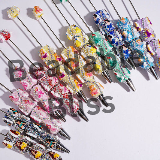 Beadable Sugar Pens with Classic Animation Pretty Princess Character & Cone Shaped Clear Rhinestones, AB Rhinestone Chains