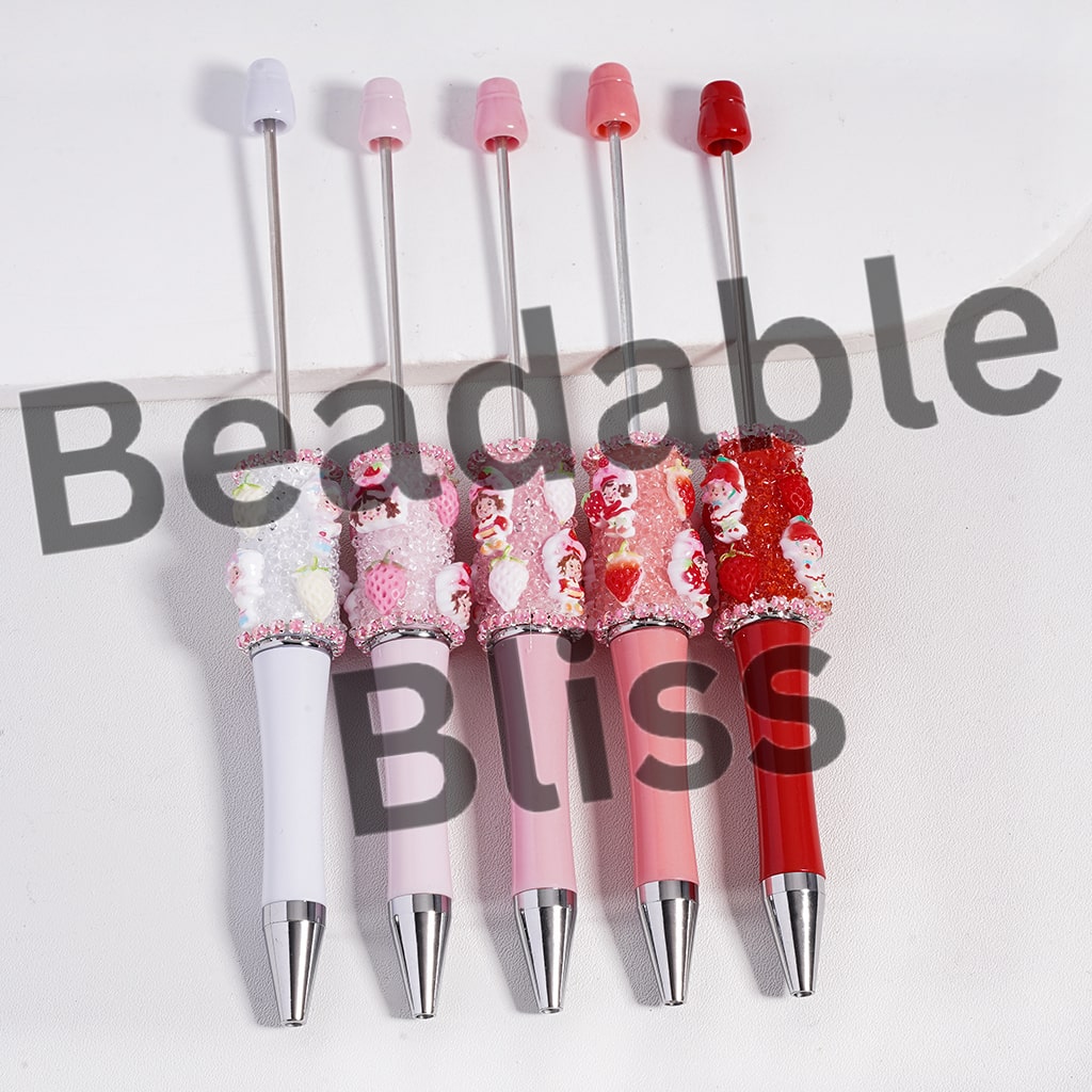 Sugar Beadable Pen with Cute Strawberry Girl Series, Pink Pearls Chains and Clear Rhinestones