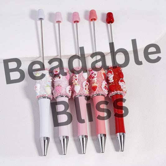 Sugar Beadable Pen with Cute Strawberry Girl Series, Pink Pearls Chains and Clear Rhinestones